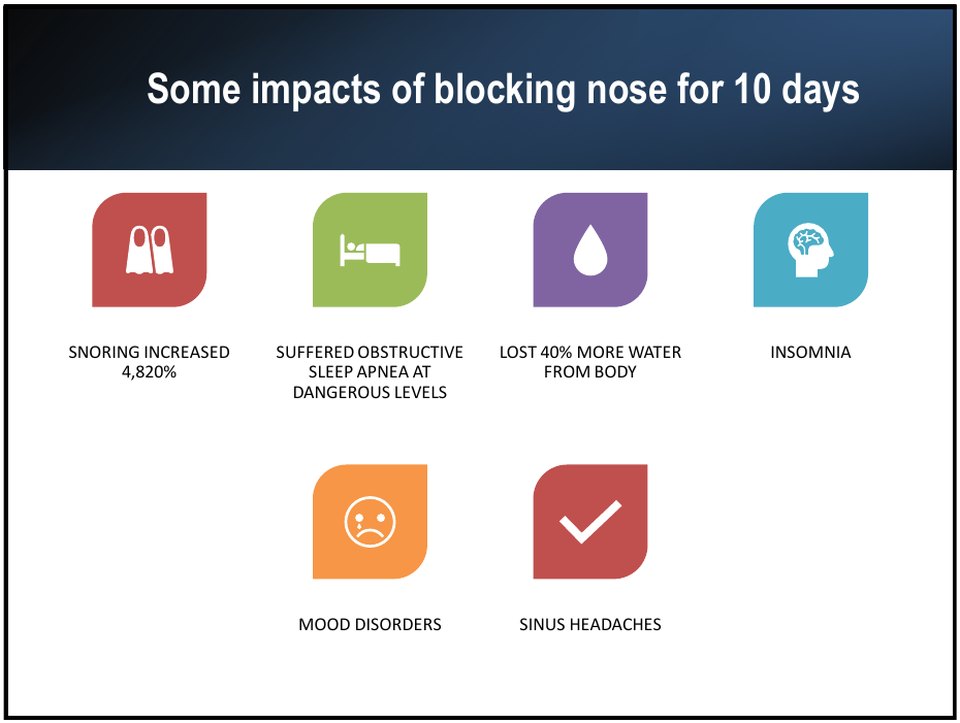 Blocking the nose for 10 days increased snoring by 4,820% and caused obstructive sleep apnea, 40% more water loss, insomnia, mood disorders and sinus headaches