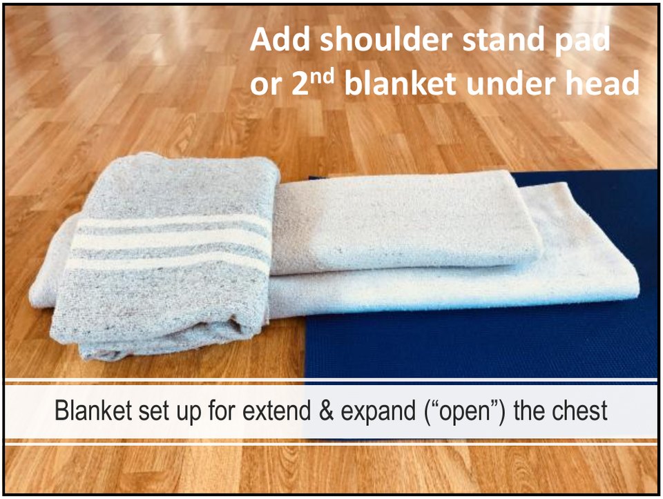 Blanket set up to extend and expand the chest for pranayama, with a shoulder stand pad under the head