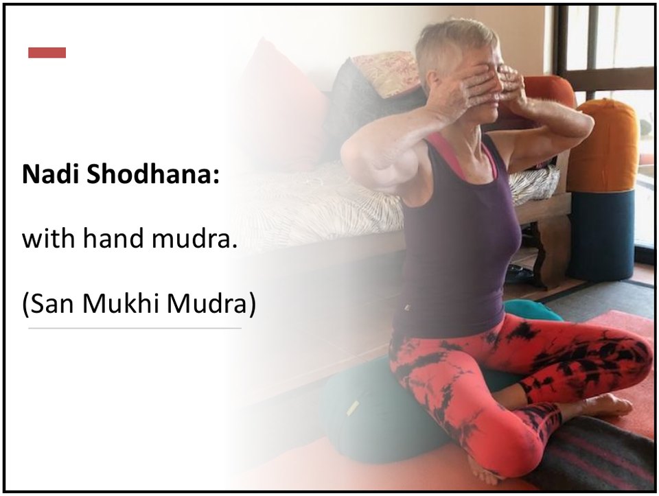Nadi Shodhana pranayama with the San Mukhi Mudra hand position