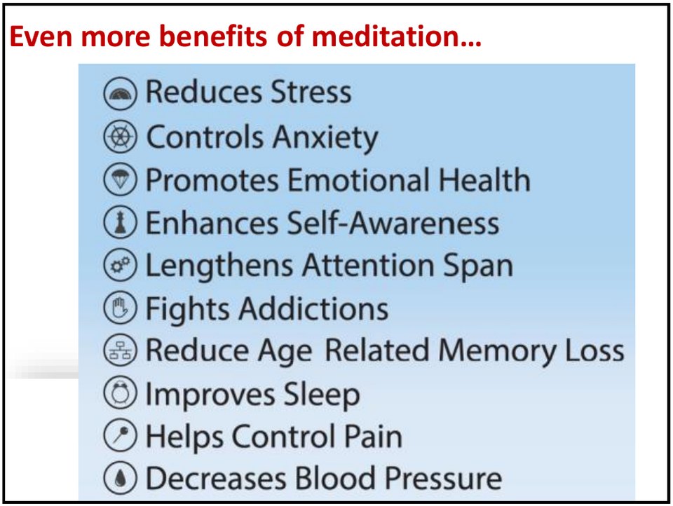 More benefits of meditation: reduces stress, controls anxiety, improves sleep, decreases blood pressure