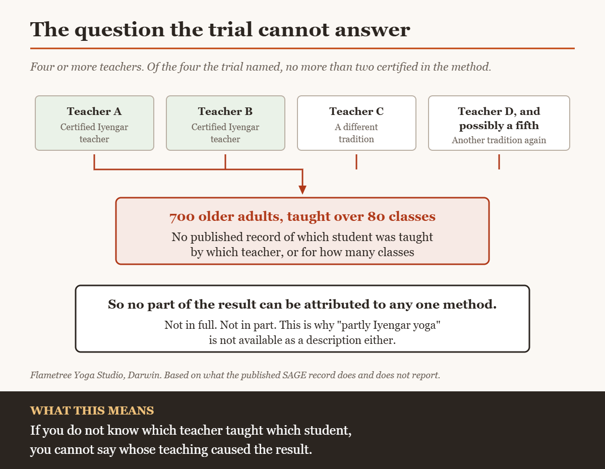 Why the SAGE trial cannot say whose teaching produced its falls result