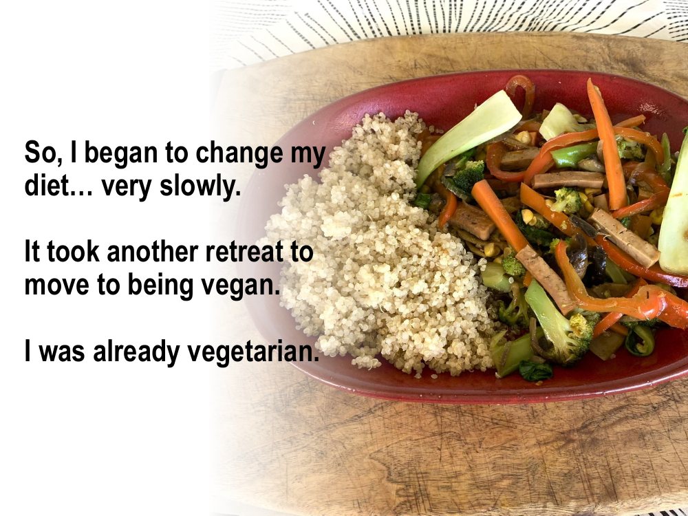 So I began to change my diet very slowly. It took another retreat to move to being vegan