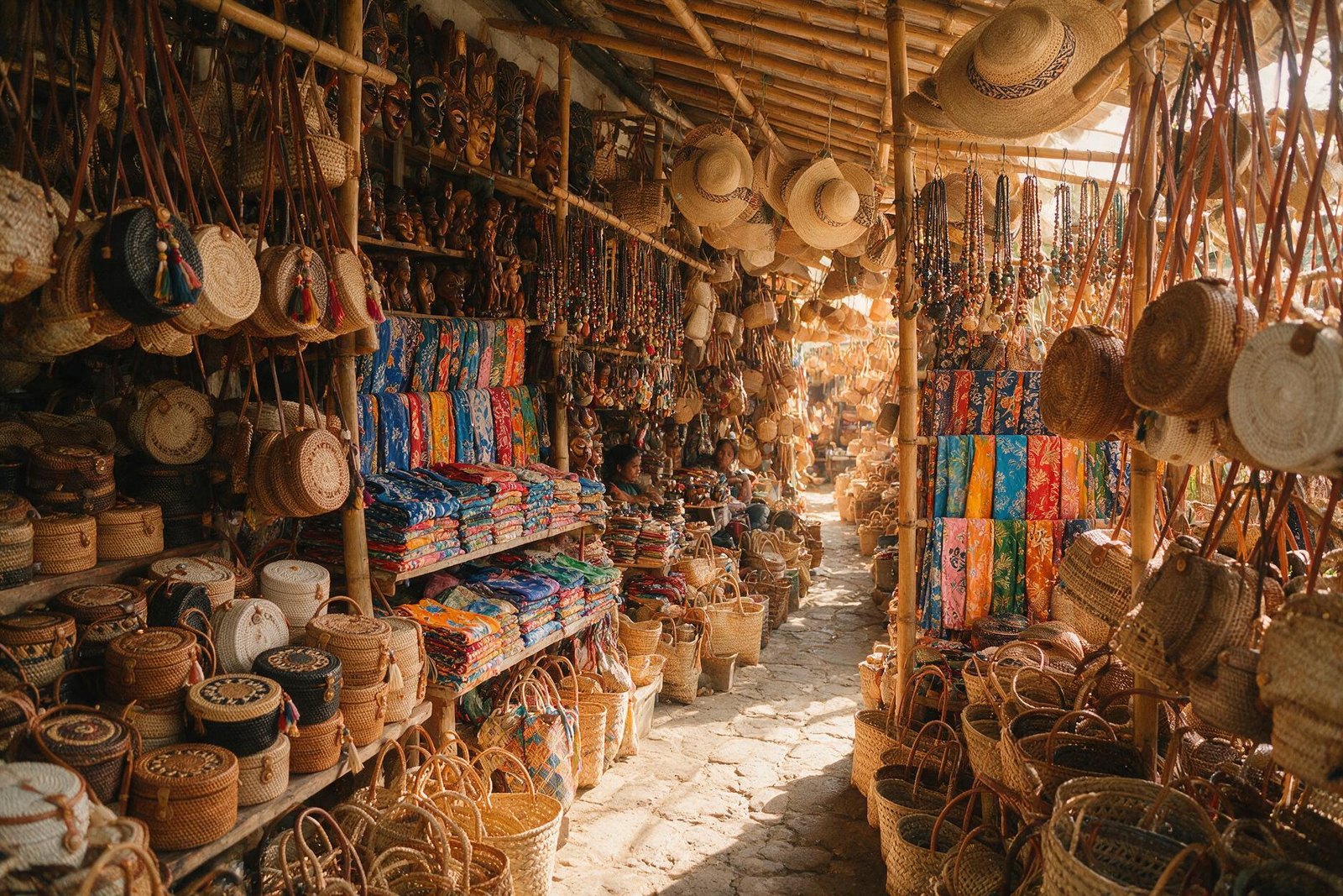 A rendering of the covered stalls at the Ubud Art Market in Bali, packed with rattan baskets, batik sarongs, carvings and straw hats
