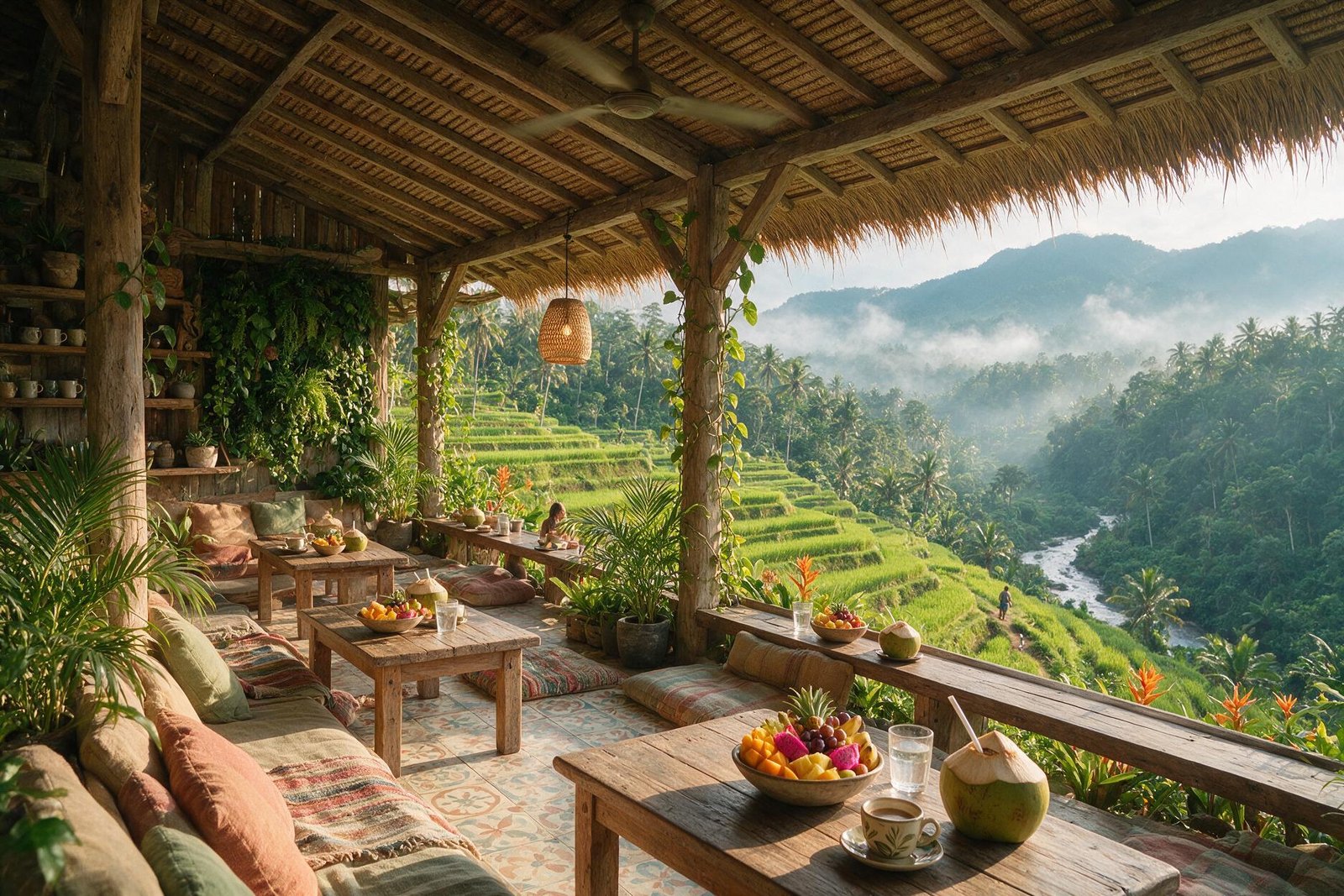 A rendering of an open-sided thatched cafe on the edge of Ubud in Bali, with low cushioned benches and a view over green rice terraces