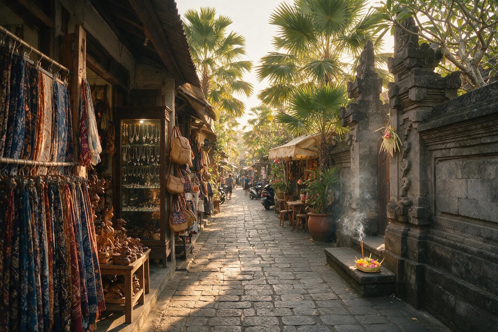 A rendering of the main street of Ubud in Bali, with sarongs and carvings on the pavement, a carved stone temple wall and scooters at the kerb
