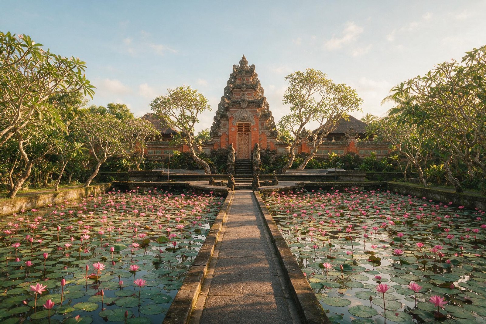 A rendering of the lotus pond and stone causeway leading to the carved gate of the Saraswati temple in the centre of Ubud, Bali