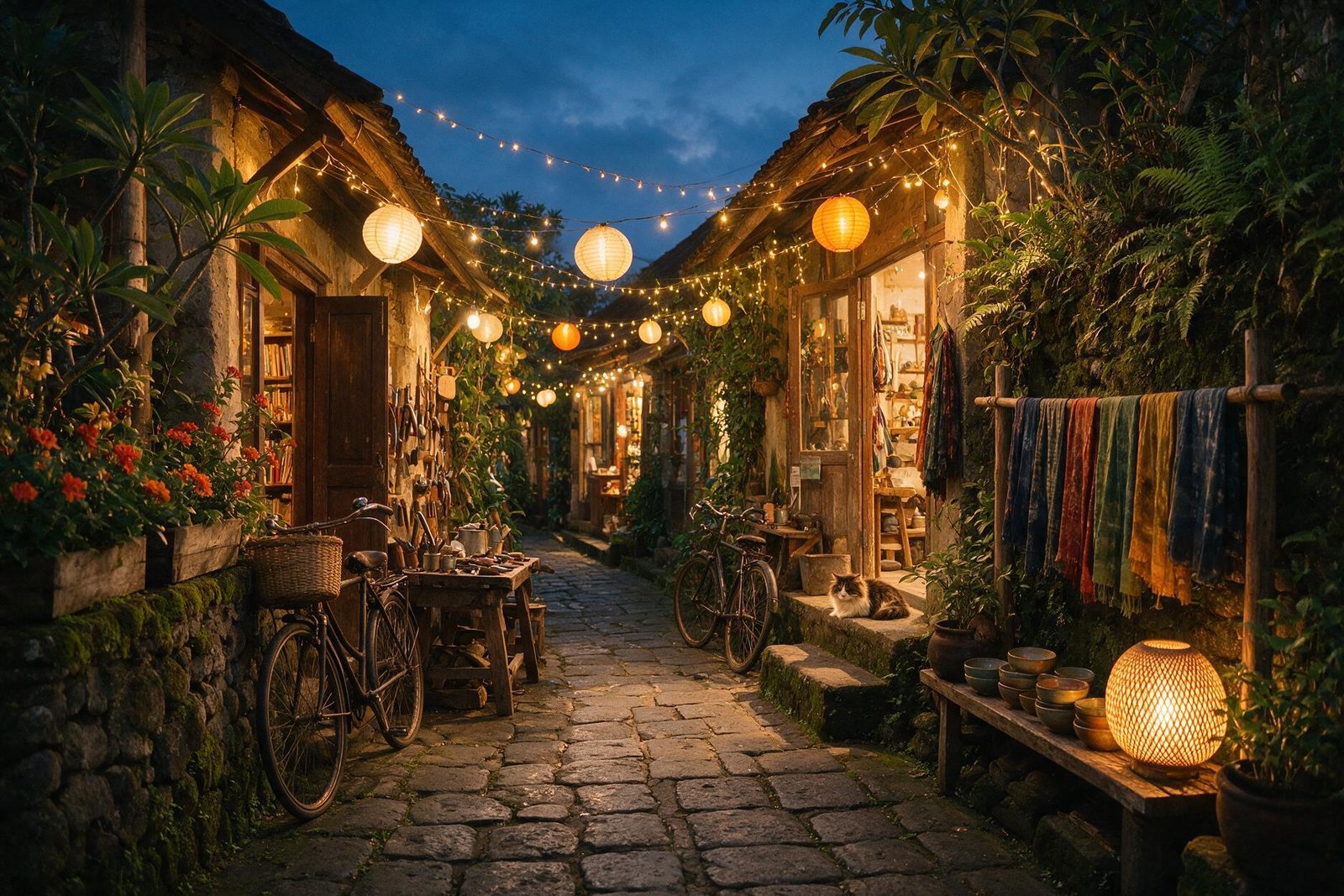 A rendering of a narrow paved side lane in Ubud, Bali at dusk, with paper lanterns strung overhead, small shops and studios, bicycles and mossy stone walls