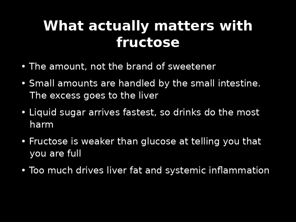 What actually matters with fructose: the amount rather than the sweetener, small amounts handled by the small intestine, liquid sugar arrives fastest, fructose is weaker at telling you that you are full