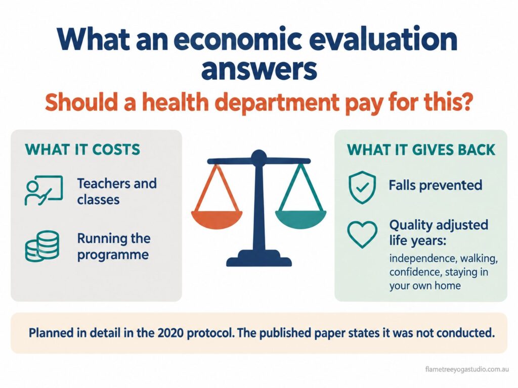 What an economic evaluation answers: whether a health department should pay for a programme, weighing its costs against falls prevented and quality adjusted life years