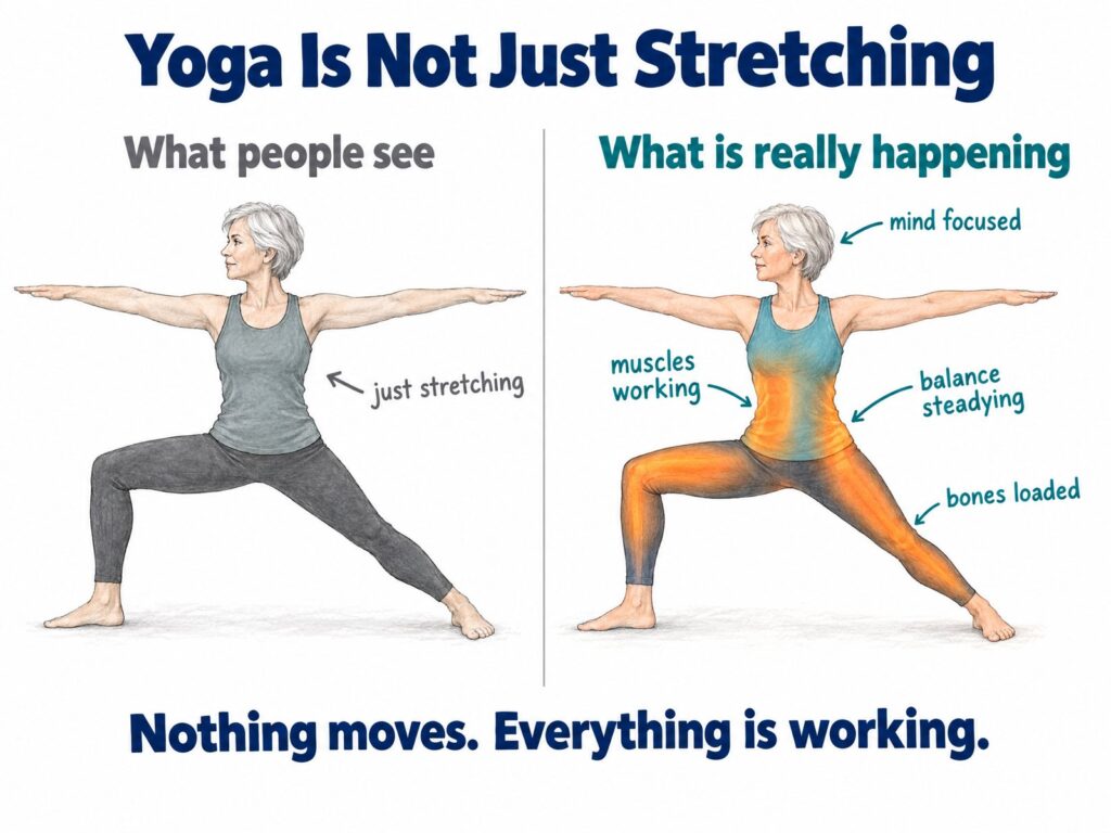 Yoga and stretching compared: Warrior II seen as just stretching, then with muscles working, bones loaded, balance steadying and mind focused