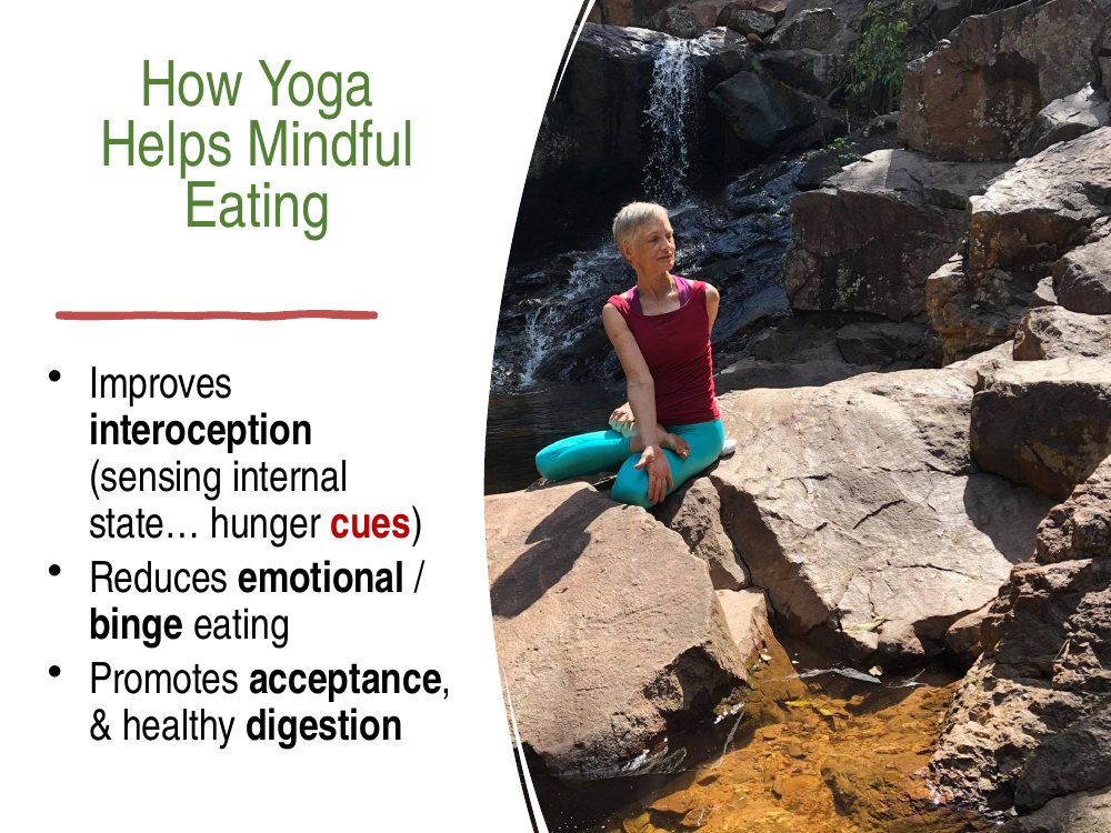 How yoga helps mindful eating: improves interoception and sensing hunger cues, reduces emotional and binge eating, promotes acceptance and healthy digestion