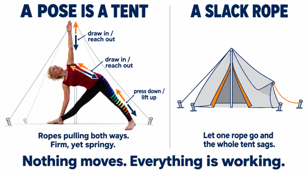 Yoga for strength diagram: Extended Triangle Pose drawn as a tent, showing muscles pulling in opposite directions to make the body firm and springy
