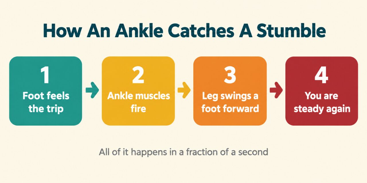 Ankle strengthening exercises: diagram of how an ankle catches a stumble in four steps, from the foot feeling the trip to being steady again