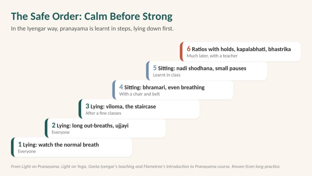 Box breathing Darwin class: diagram of the safe order of pranayama, lying practices first, then sitting, with ratios and holds last