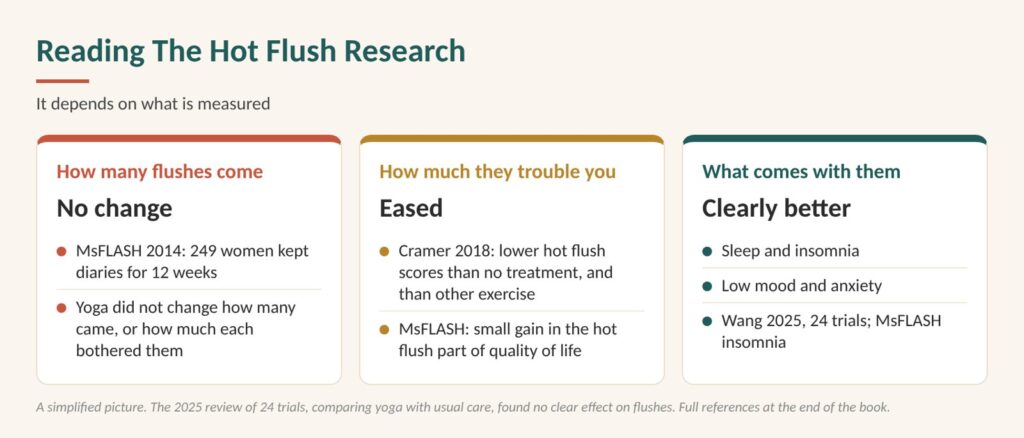 Diagram: reading the hot flush research. Counted flushes did not change with yoga, how much they troubled women eased, and sleep and mood clearly improved