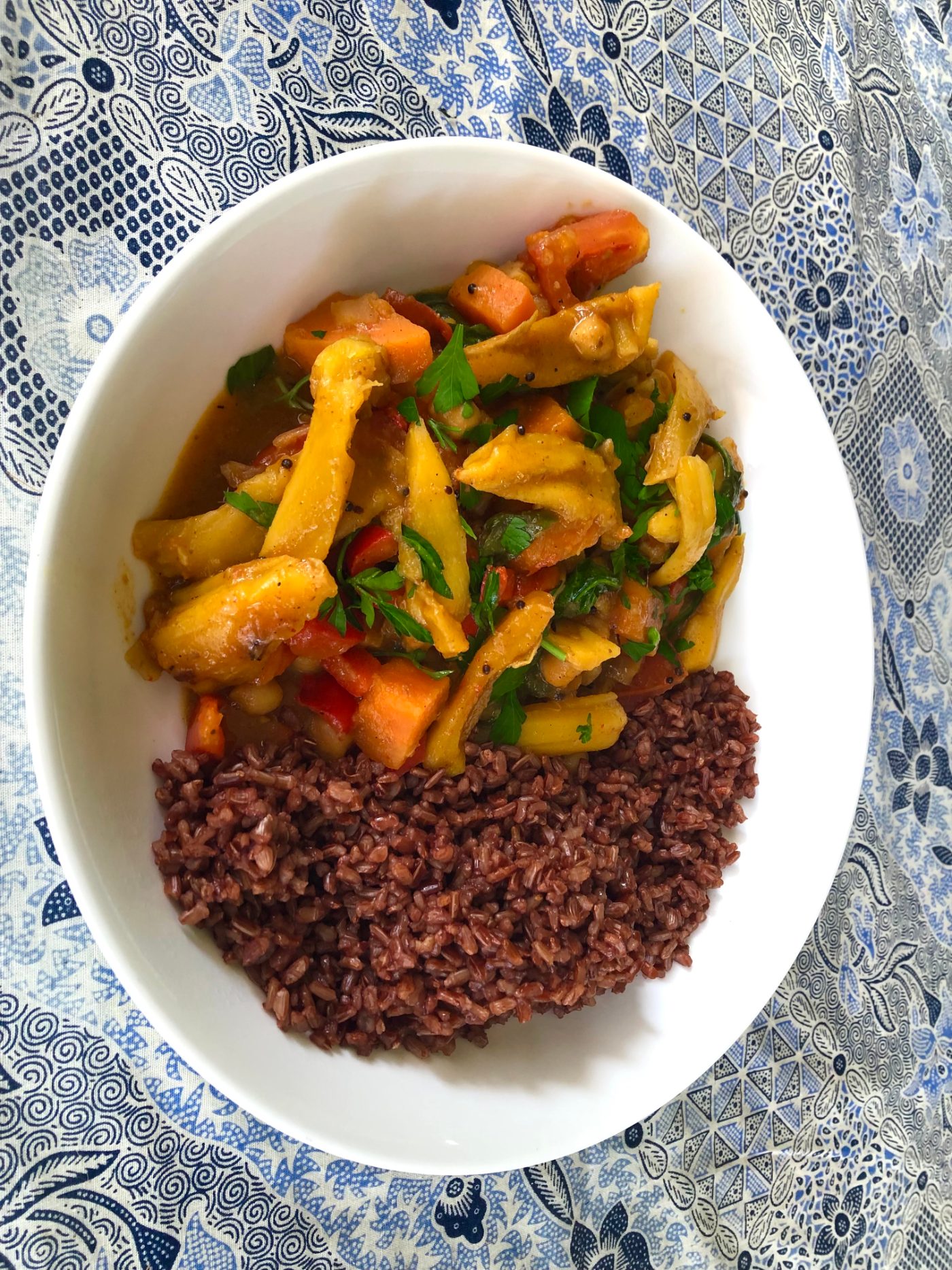 A bowl of vegan jackfruit curry with red rice