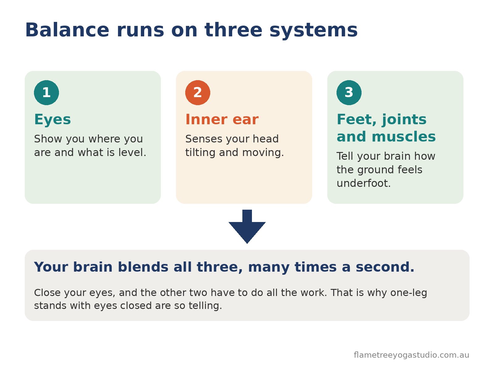 Loss of balance: diagram of the three systems balance runs on, the eyes, the inner ear, and the feet, joints and muscles, blended by the brain