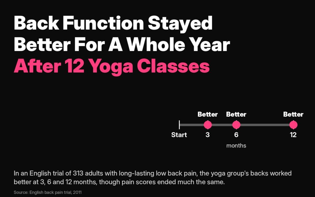 Lower back pain: in an English trial of 313 adults, the yoga group's backs worked better at 3, 6 and 12 months after 12 yoga classes
