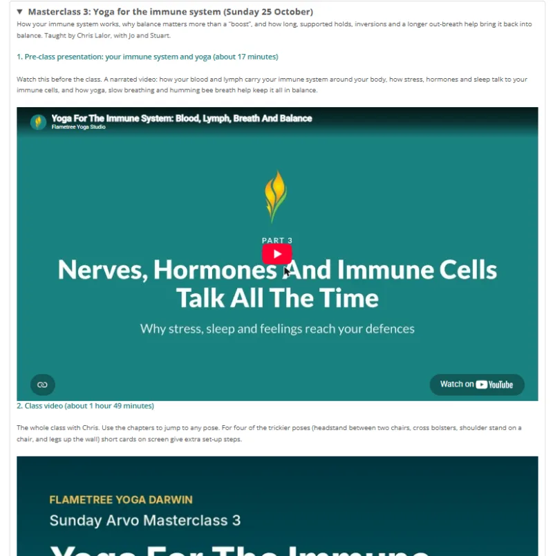 The 2026 Sunday Arvo Masterclass library page, open at Masterclass 3, Yoga for the immune system: the pre-class presentation video and the class video with Chris Lalor.