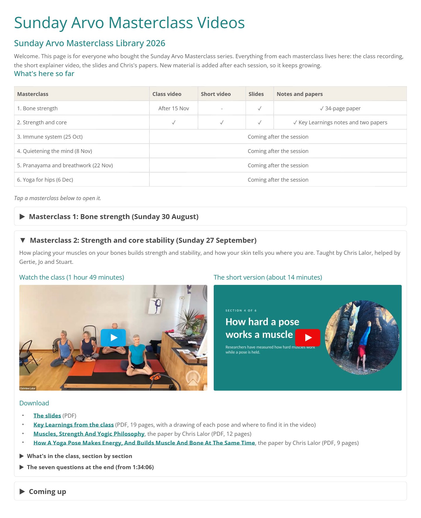 The Sunday Arvo Masterclass library page: a table of what is ready so far, the Strength and Core video and the short explainer video, and Chris Lalor's slides, notes and papers to download