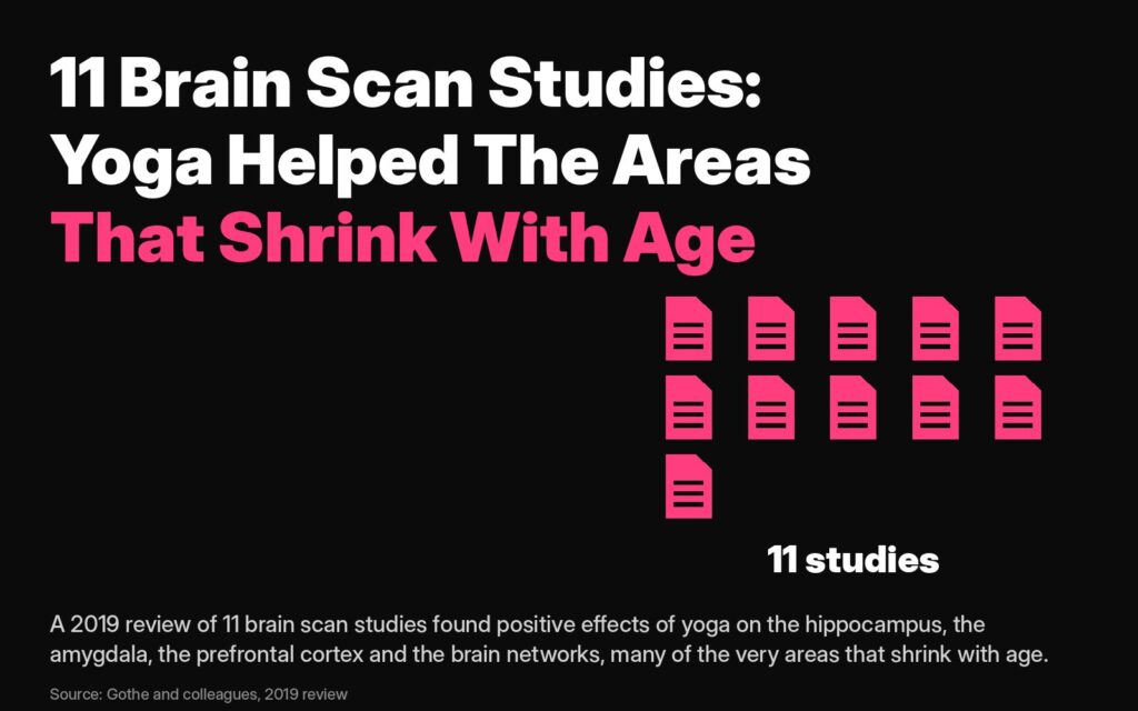 Memory and ageing: a 2019 review of 11 brain scan studies found yoga helped the hippocampus, amygdala and prefrontal cortex