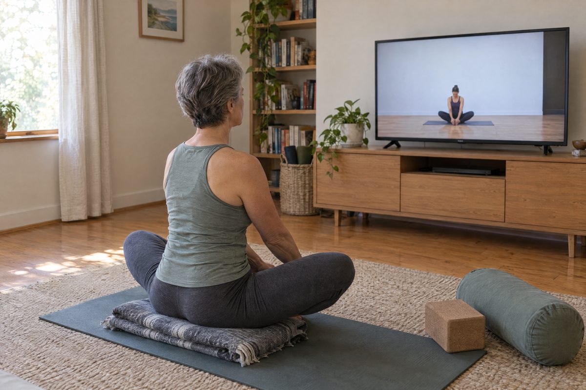 Illustration of a woman in her fifties doing Iyengar videos online at home, seated on a folded blanket in front of her TV