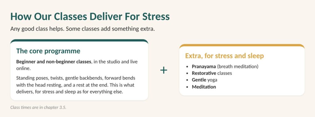Overthinking and stress: diagram of how Flametree classes deliver, the core programme of standing poses, twists, forward bends and rest, plus pranayama and restorative classes