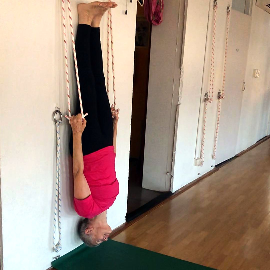 Rope yoga Headstand, Sirsasana in ropes, at Flametree Yoga Studio Darwin