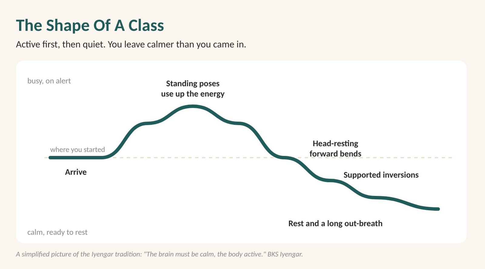 Nervous system regulation: diagram of the shape of an Iyengar class, active standing poses first, then quiet forward bends and supported rest