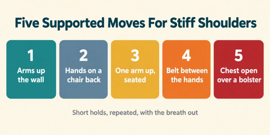 Shoulder mobility: diagram of five supported moves for stiff shoulders, from arms up the wall to chest open over a bolster