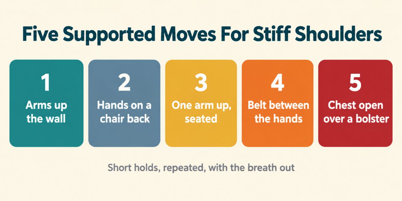 Shoulder mobility: diagram of five supported moves, arms up a wall, hands on a chair back, one arm up seated, a belt overhead and chest over a bolster