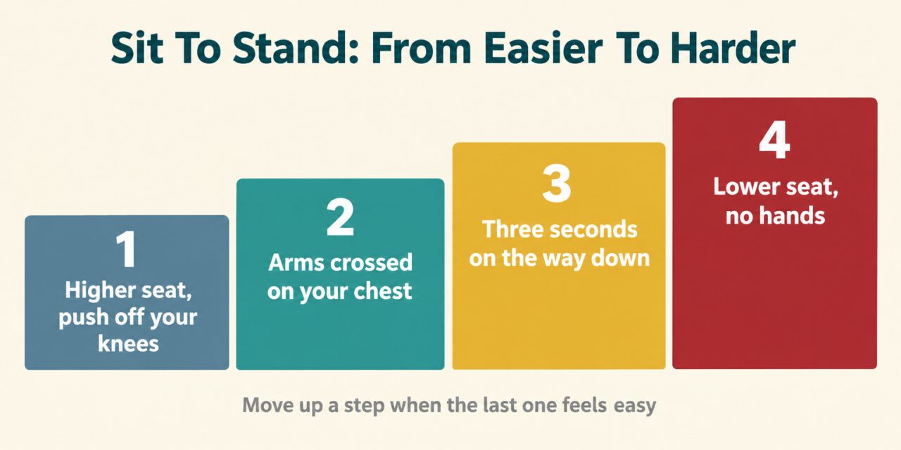 Sit to stand exercise: diagram of four steps from easier to harder, from a higher seat to a lower seat with no hands