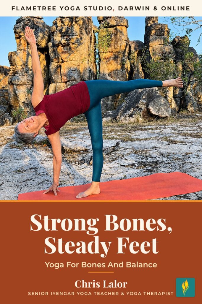 Strong Bones, Steady Feet free ebook cover: yoga for bones and balance by Chris Lalor, Flametree Yoga Studio Darwin
