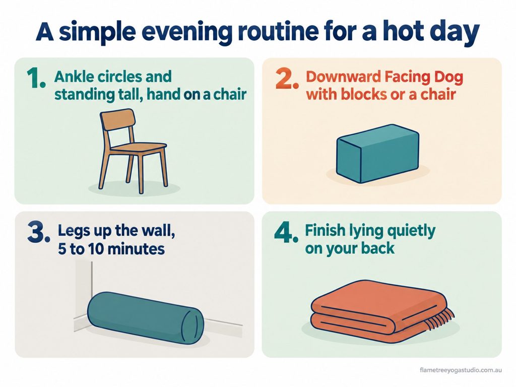 Swollen ankles evening routine: ankle circles, Downward Facing Dog, legs up the wall, then lying quietly