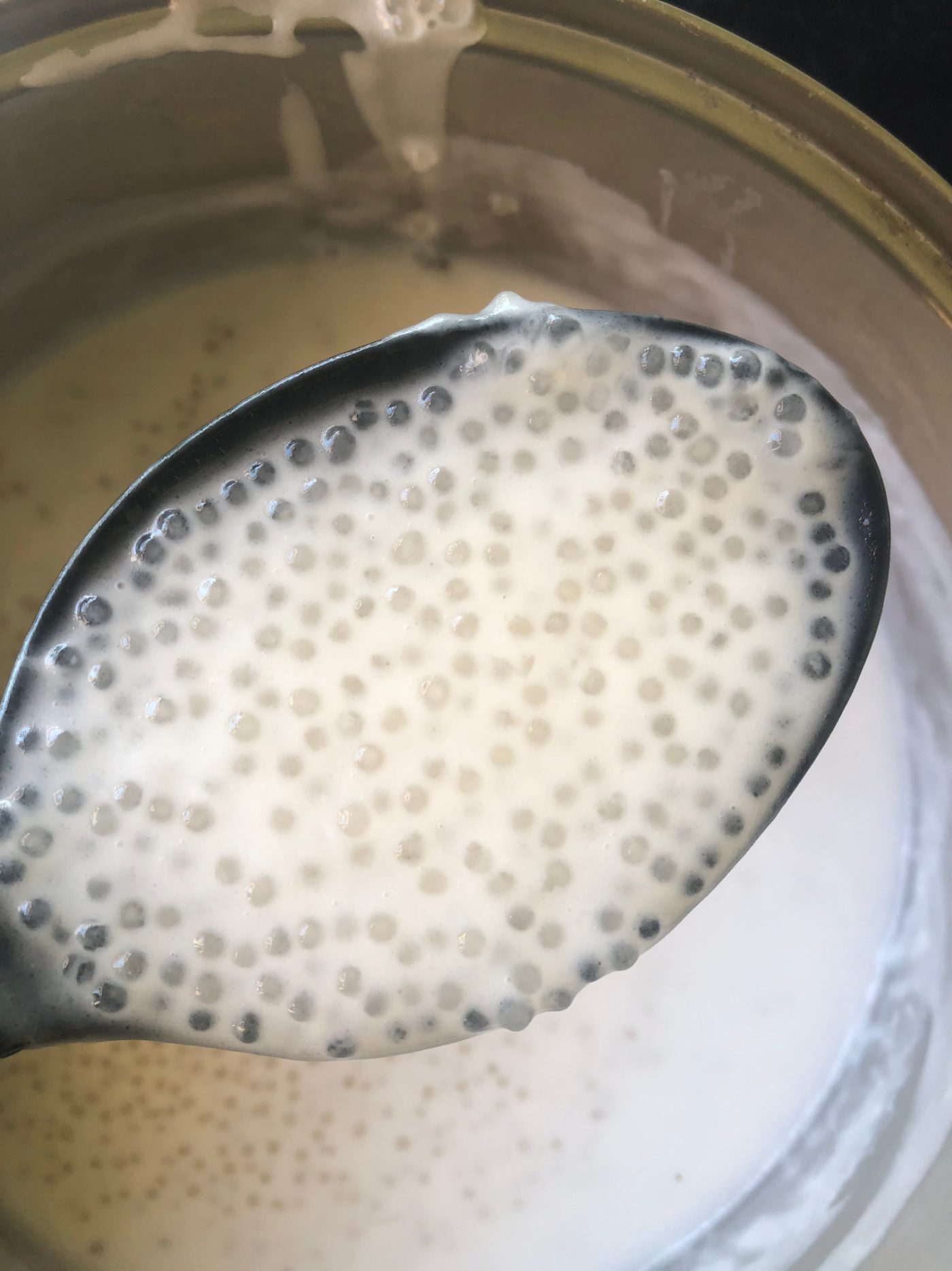 Tapioca pearls simmering in coconut milk in a saucepan