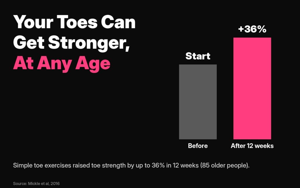 Chart: in a 12-week trial of 85 older people, simple toe exercises raised toe strength by up to 36 percent
