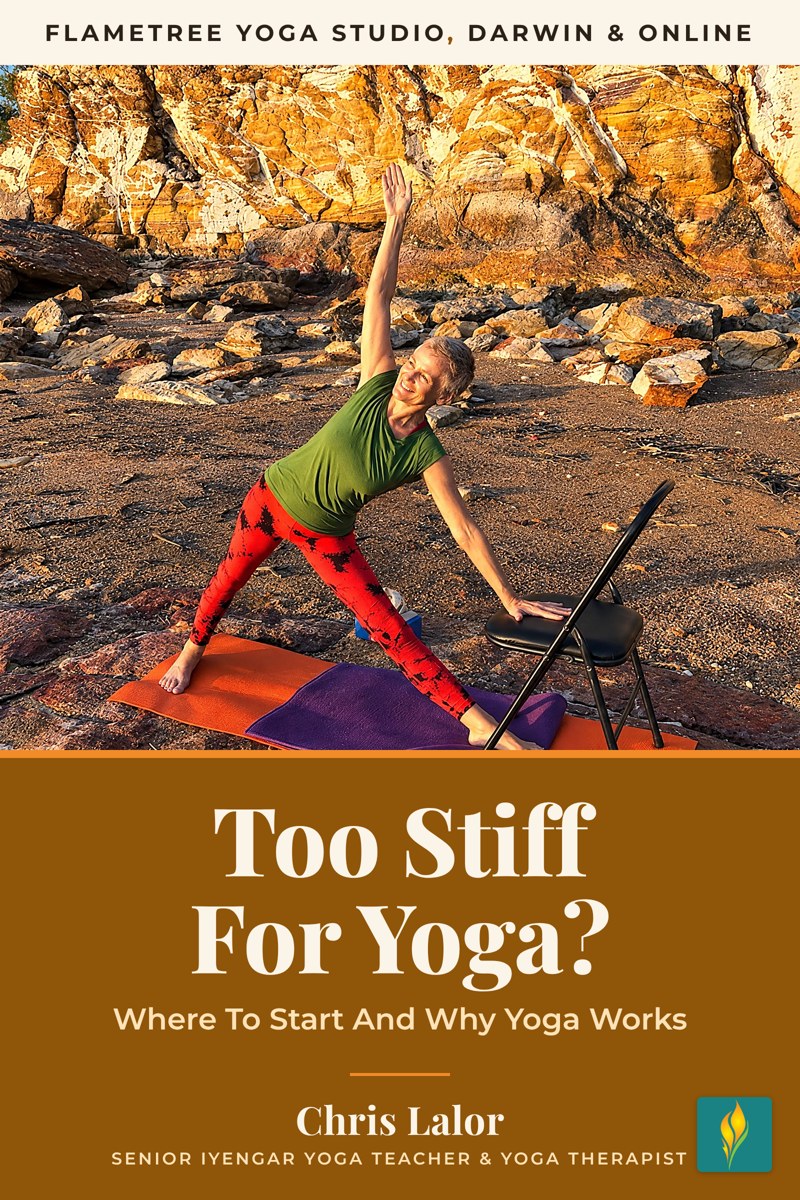 Too Stiff For Yoga? free ebook cover: yoga for stiff bodies by Chris Lalor, Flametree Yoga Studio Darwin