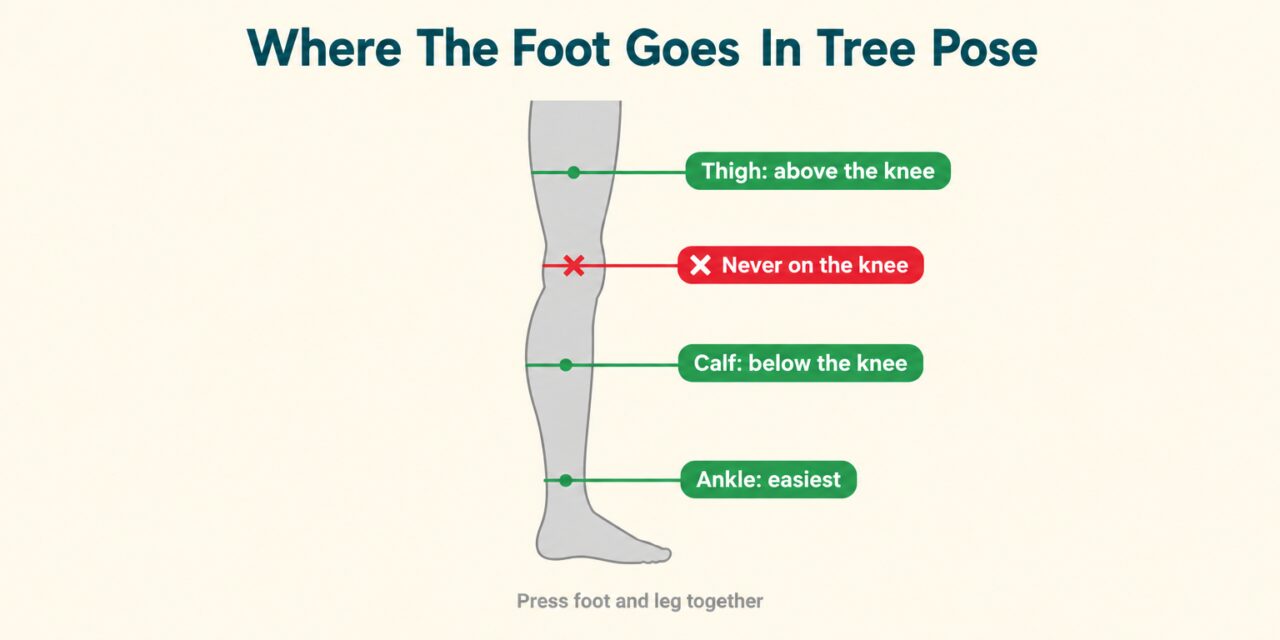 Tree pose: diagram of a standing leg showing the foot goes on the ankle, calf or thigh, never on the knee