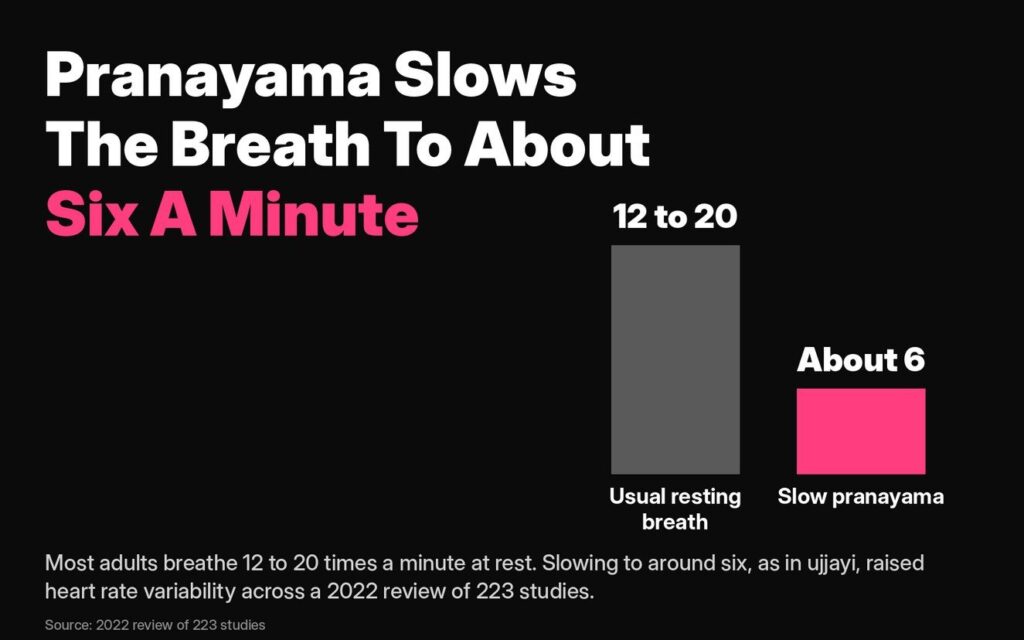 Ujjayi breath and slow pranayama bring breathing from 12 to 20 breaths a minute down to about six