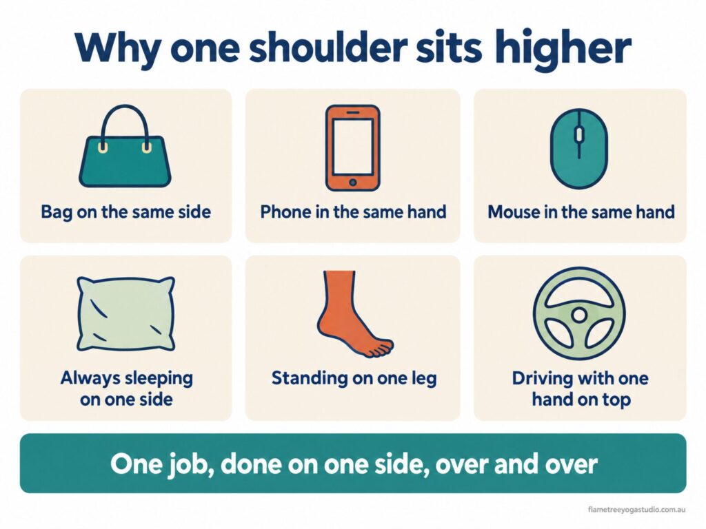 Diagram of why one shoulder sits higher: feet, hips, ribs and arms all contribute to uneven shoulders