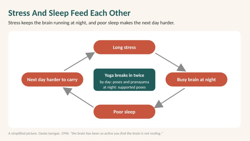 Why do I wake up at 3am? Diagram of the loop where long stress keeps the brain running at night, poor sleep makes the next day harder, and yoga breaks it in two places