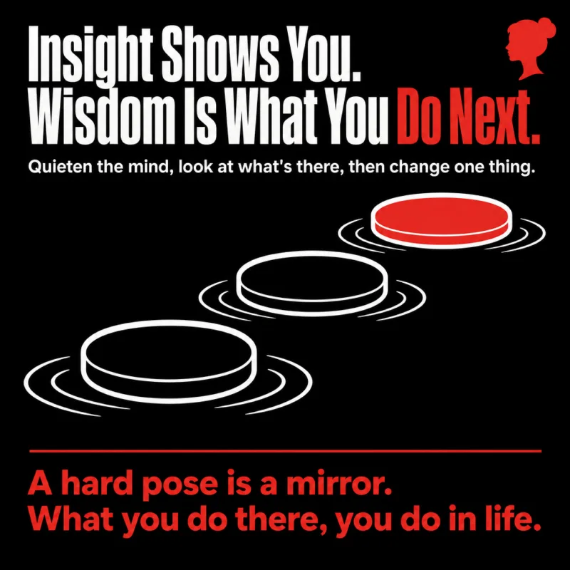 Infographic: three white stepping stones, the last one red. Insight shows you, wisdom is what you do next: quieten the mind, look at what is there, then change one thing. A hard pose is a mirror.