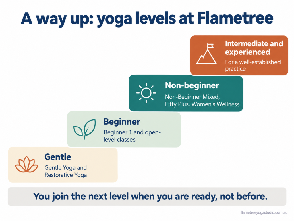 Yoga levels at Flametree Darwin: Gentle, Beginner, Non-beginner, Intermediate and experienced